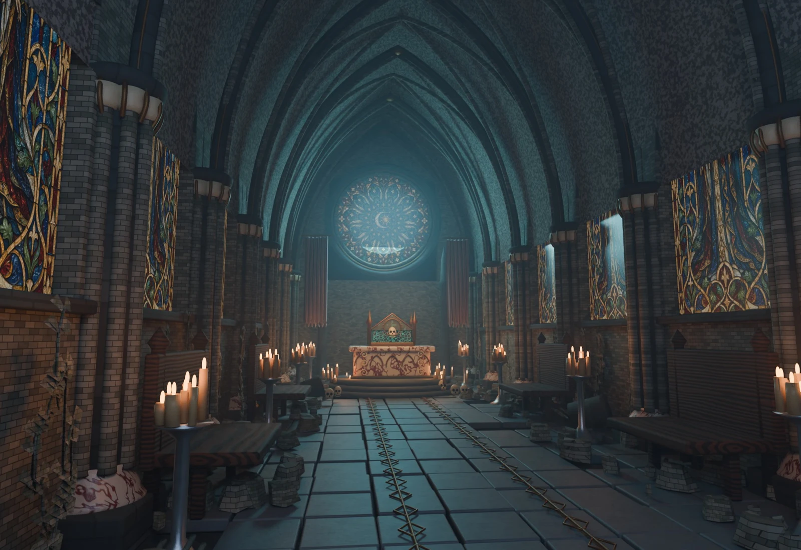 Actual Blender render of the included gothic cathedral, with carved columns, stained-glass windows and a candlelit sanctuary
