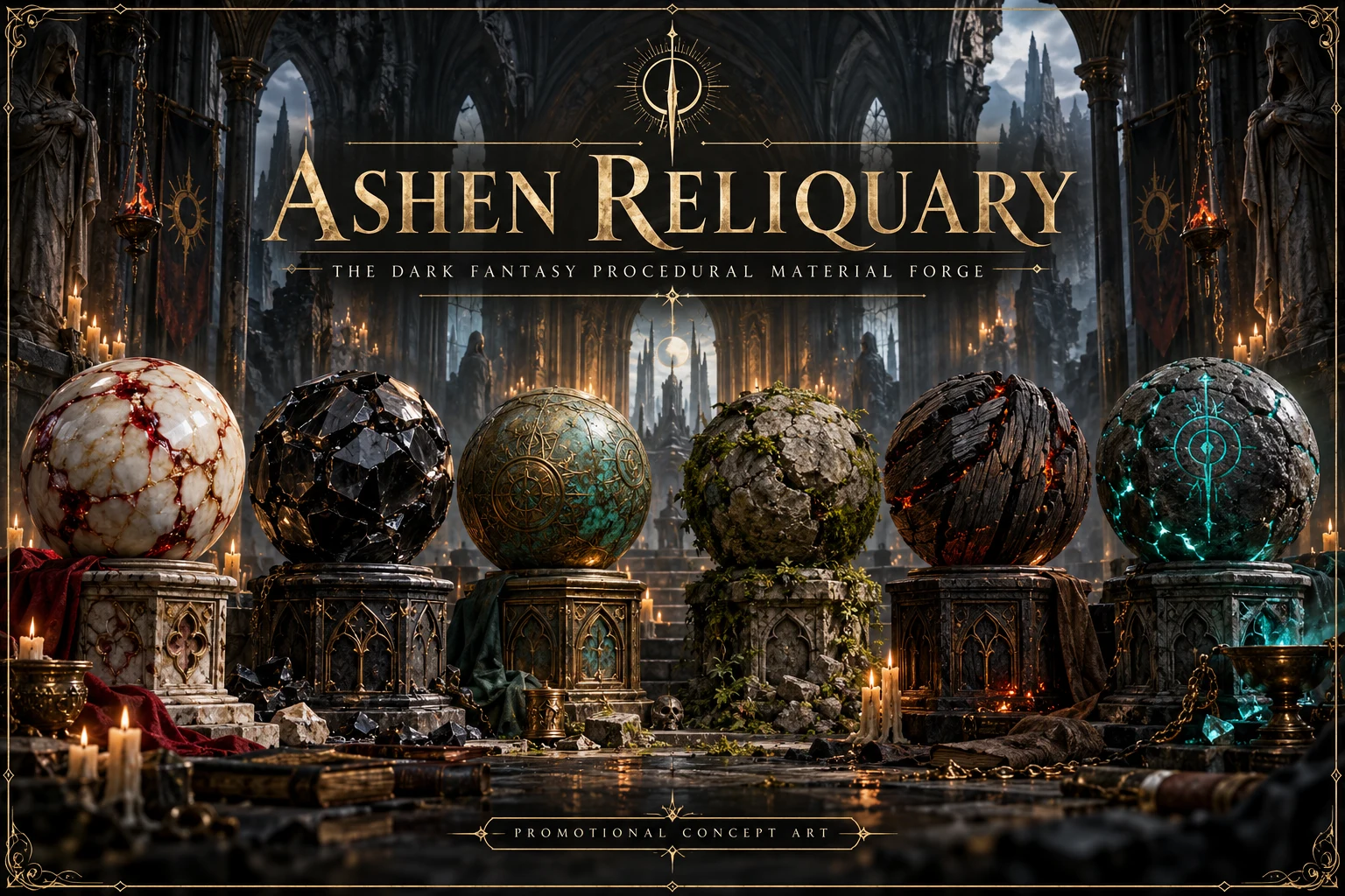 Ashen Reliquary promotional concept artwork with a gothic cathedral and six stylized material orbs
