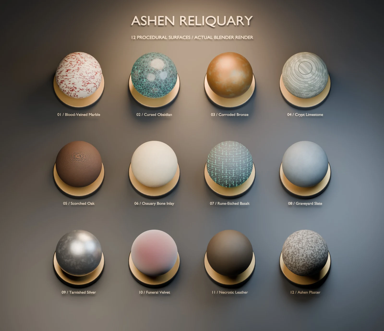 Actual studio renders of all twelve included Ashen Reliquary materials