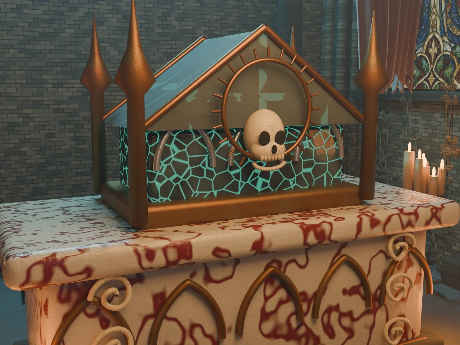 Actual Blender render of the detailed shrine, showing veined marble, corroded bronze and decorative inlay