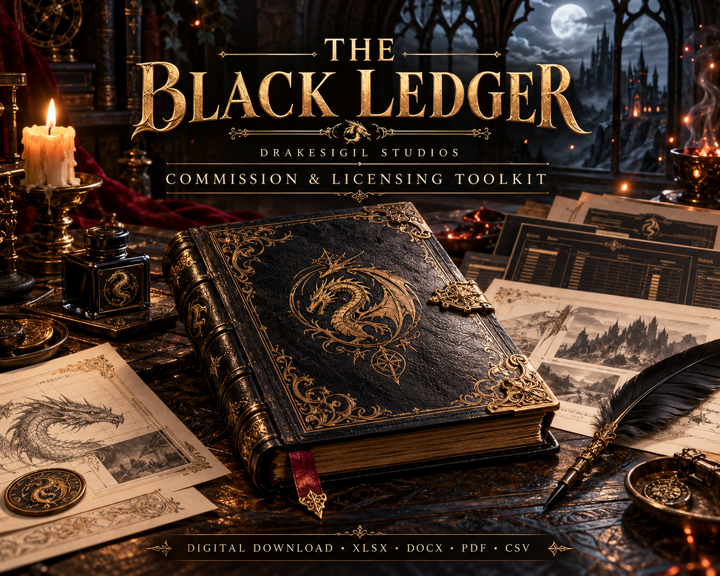 The Black Ledger cover artwork with an embossed dragon ledger and quill in a candlelit gothic studio
