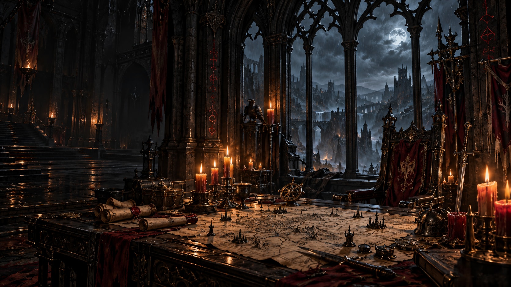 Candlelit war table inside a cursed fortress overlooking a moonlit ruined city