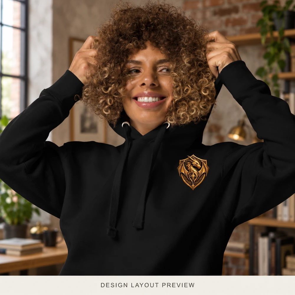 Studio Sigil Premium Hoodie with official dragon shield, design placement preview