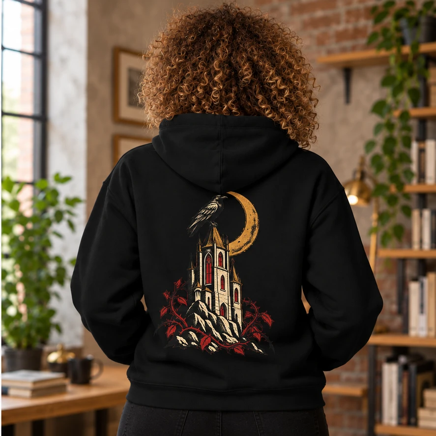 Moonlit Citadel Hoodie back print design preview in Black