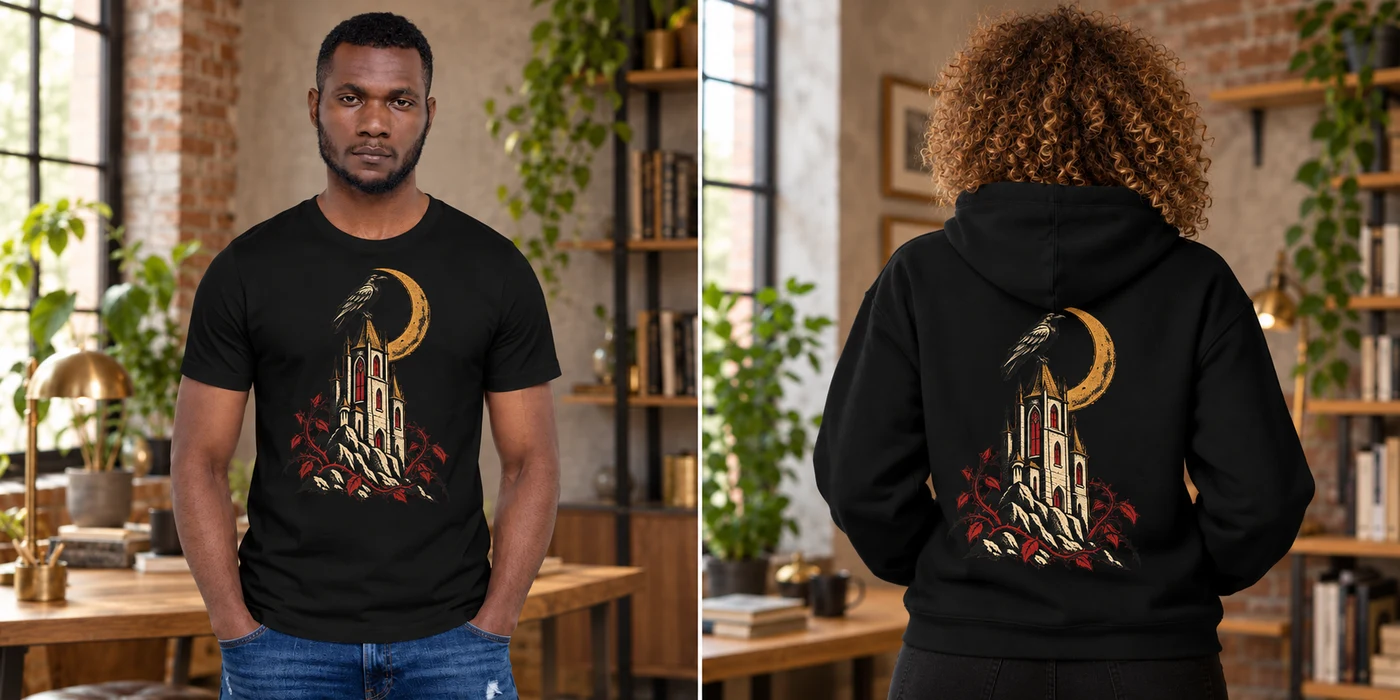 Dark Fantasy T-shirt front and hoodie back design previews