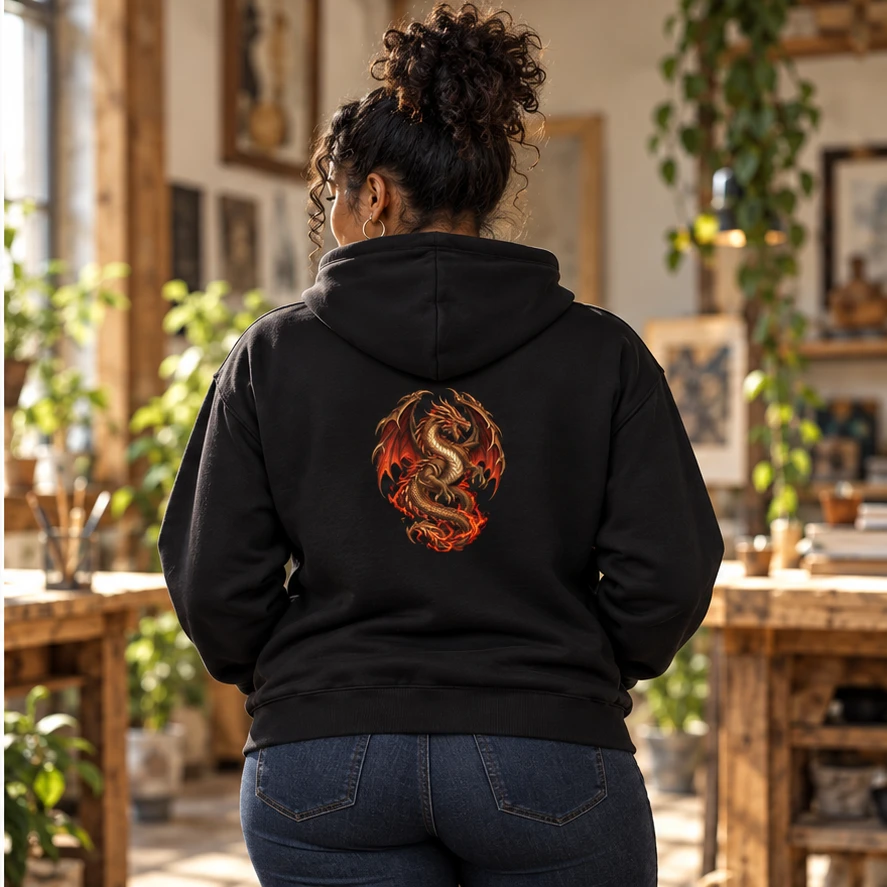 Ember Sovereign Hoodie back print lifestyle photograph in Black