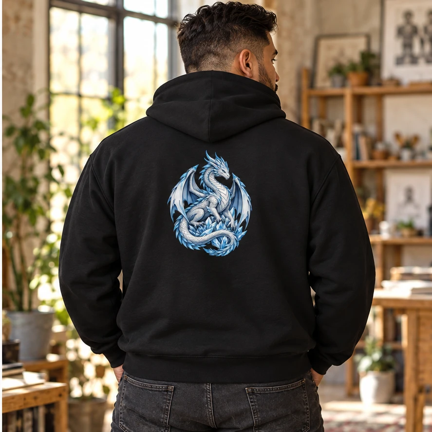 Frostbound Wyrm Hoodie back print lifestyle photograph in Black