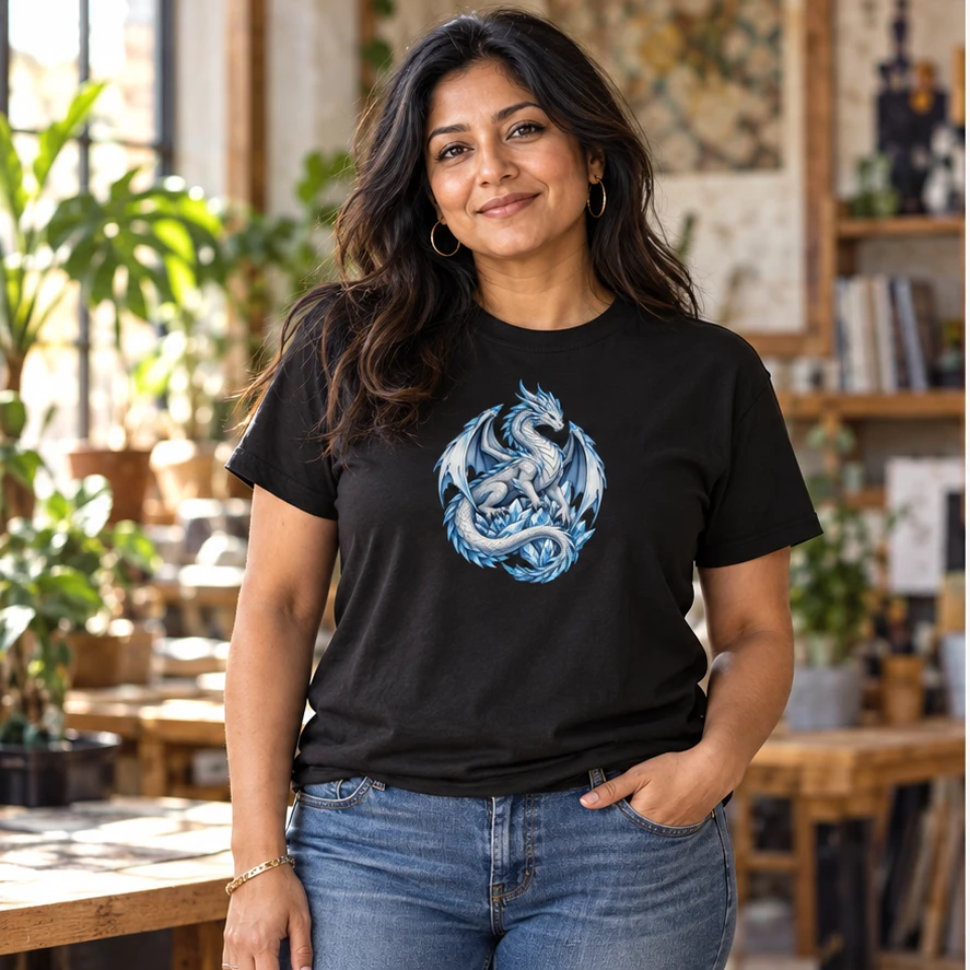 Frostbound Wyrm T-Shirt front print lifestyle photograph in Black