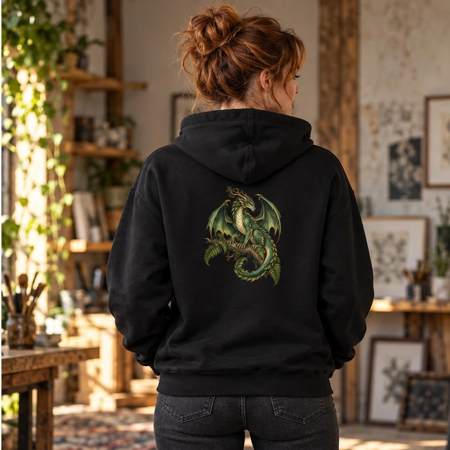 Wildwood Guardian Hoodie back print lifestyle photograph in Black