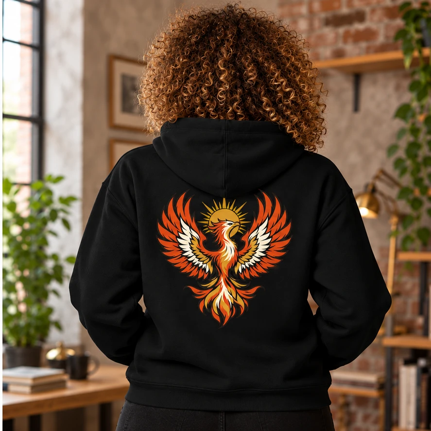 Phoenix Rising Hoodie back print design preview in Black