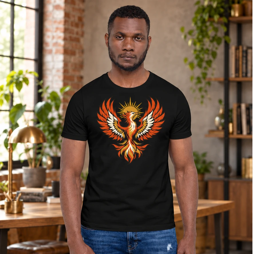 Phoenix Rising T-Shirt front print design preview in Black