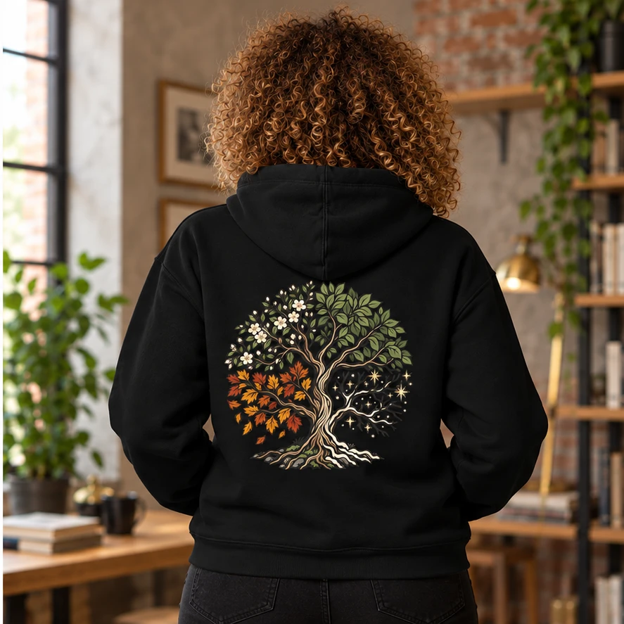 Seasons of Wonder Hoodie back print design preview in Black