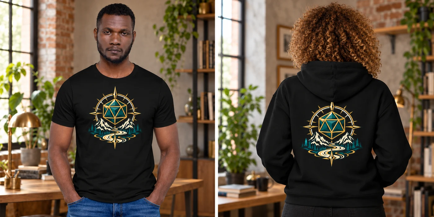 Tabletop & RPG T-shirt front and hoodie back design previews